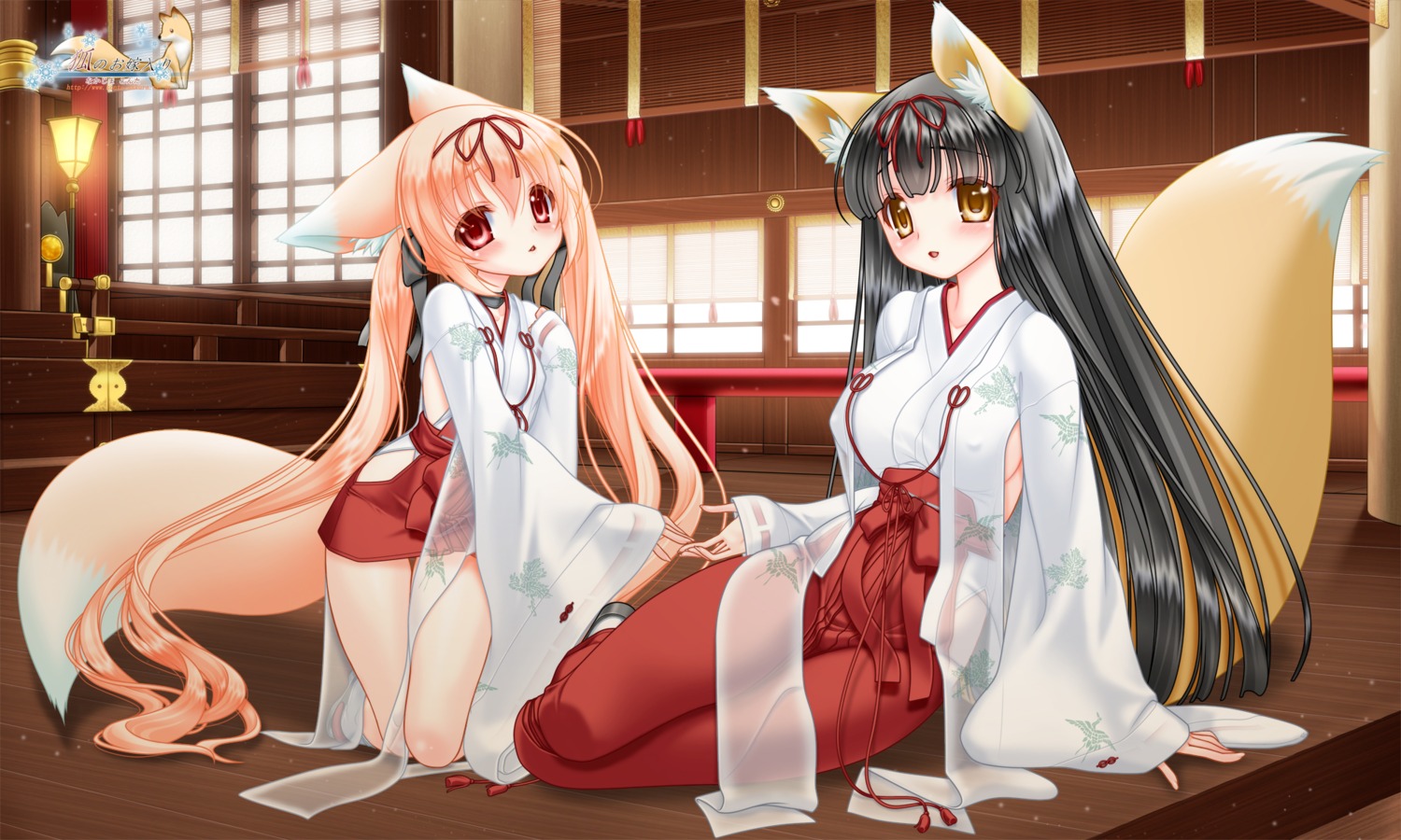 animal_ears, erect_nipples, kitsune, miko, nakajima_konta, no_bra, see_through, snow_fox, tail