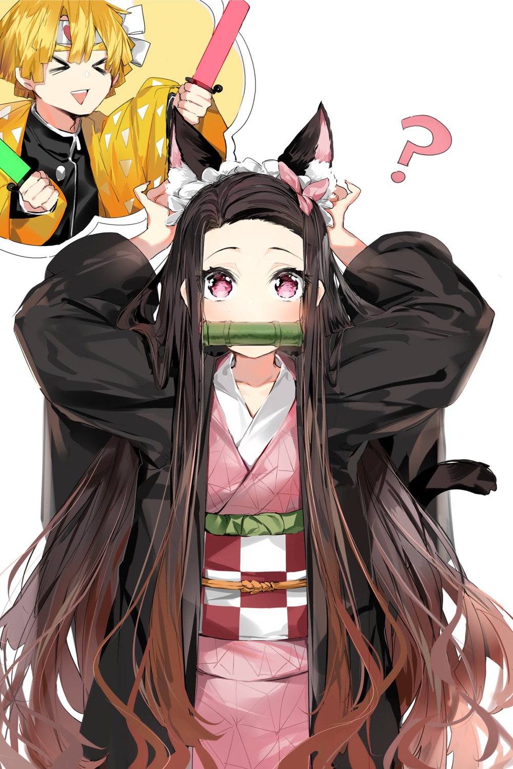agatsuma_zenitsu, animal_ears, japanese_clothes, kamado_nezuko, kimetsu_no_yaiba, nekomimi, silver_(chenwen), tail