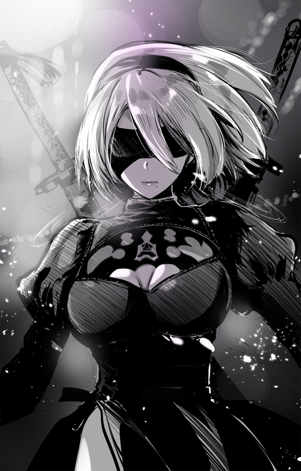 cleavage, dress, kojima_saya, monochrome, nier, nier_automata, sword, yorha_no.2_type_b