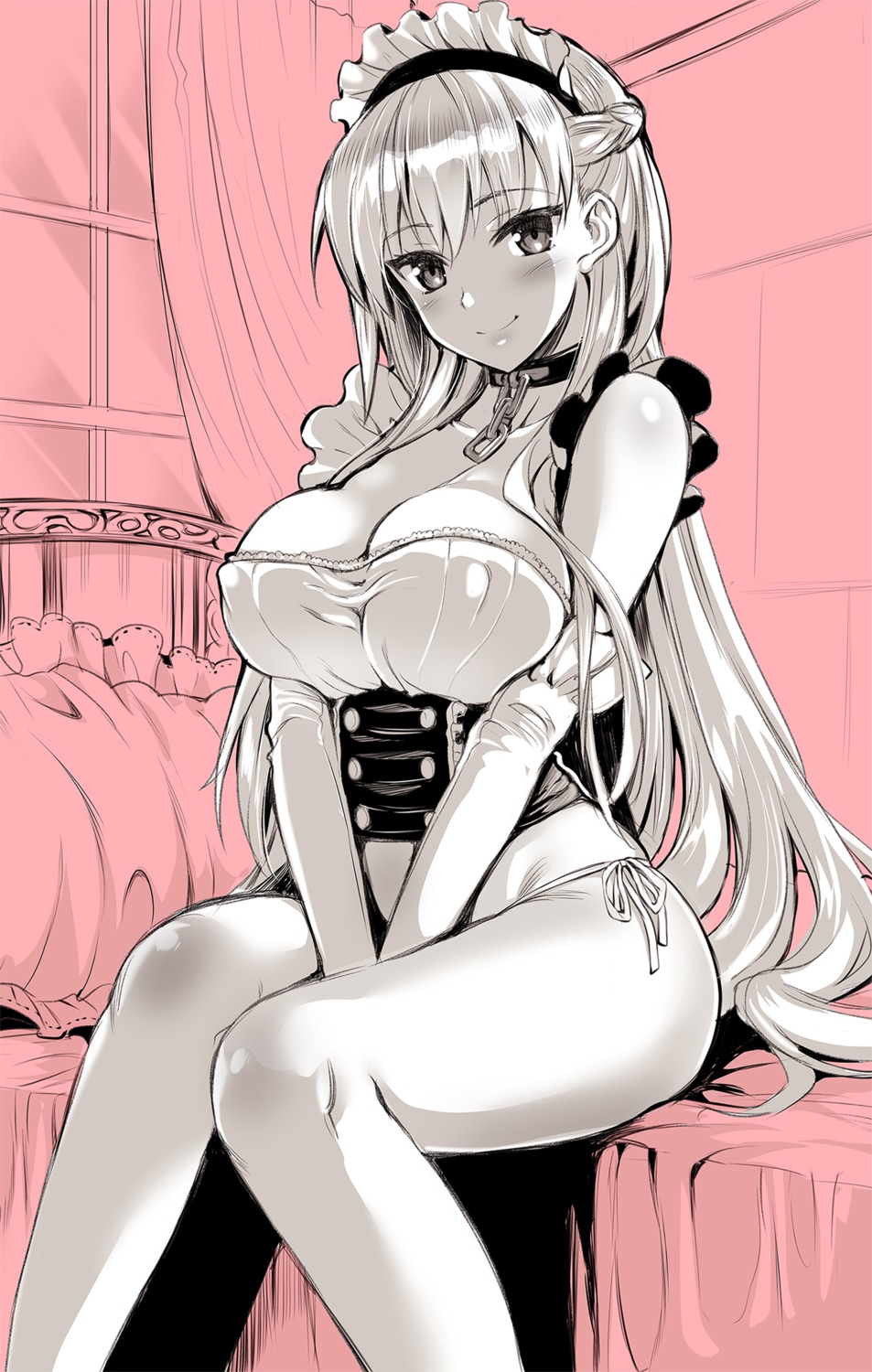 azur_lane, belfast_(azur_lane), cleavage, kojima_saya, maid, monochrome, pantsu, string_panties