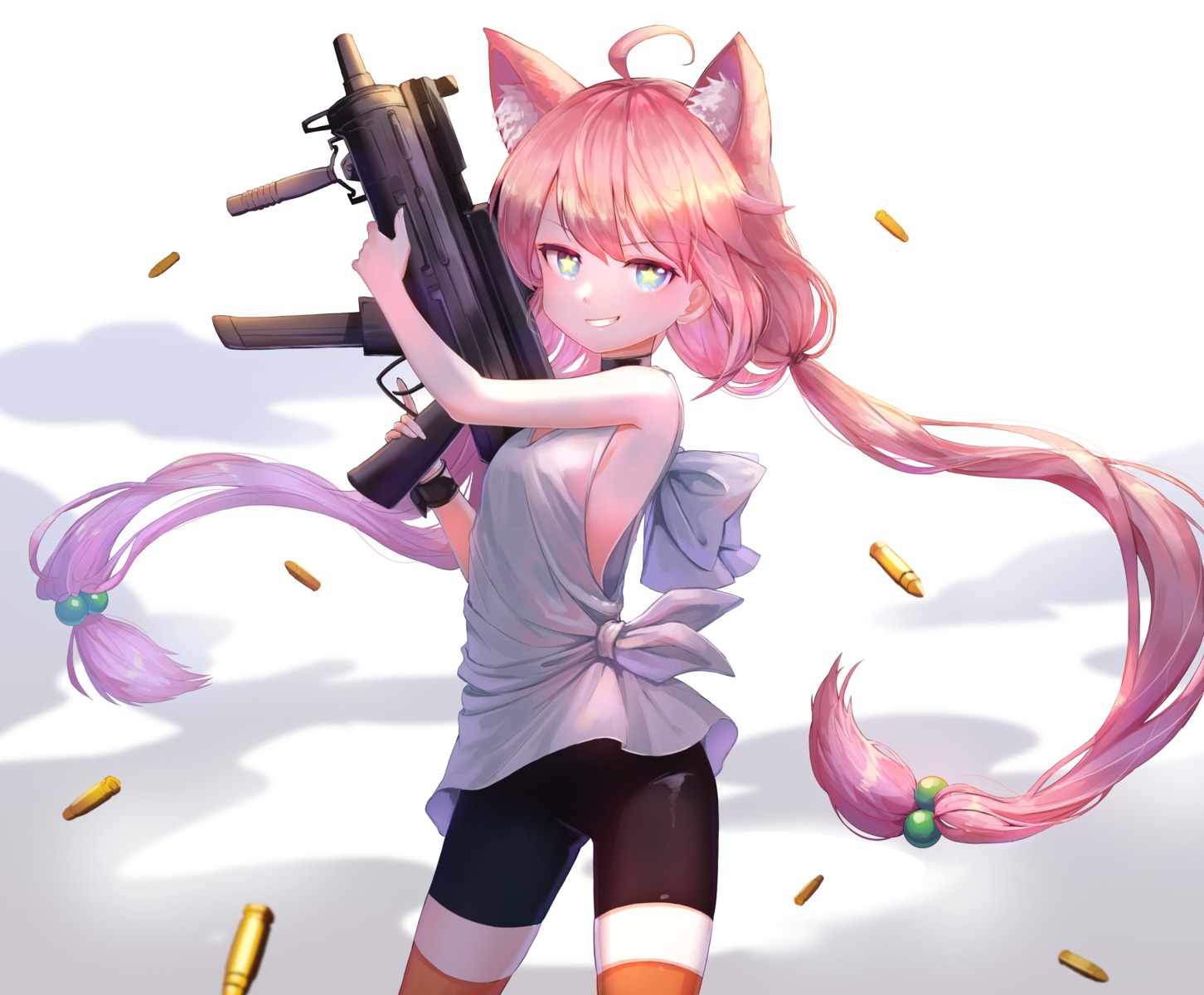 animal_ears, ass, bike_shorts, gun, hinata_channel, kkkk_kani, nekomiya_hinata, no_bra
