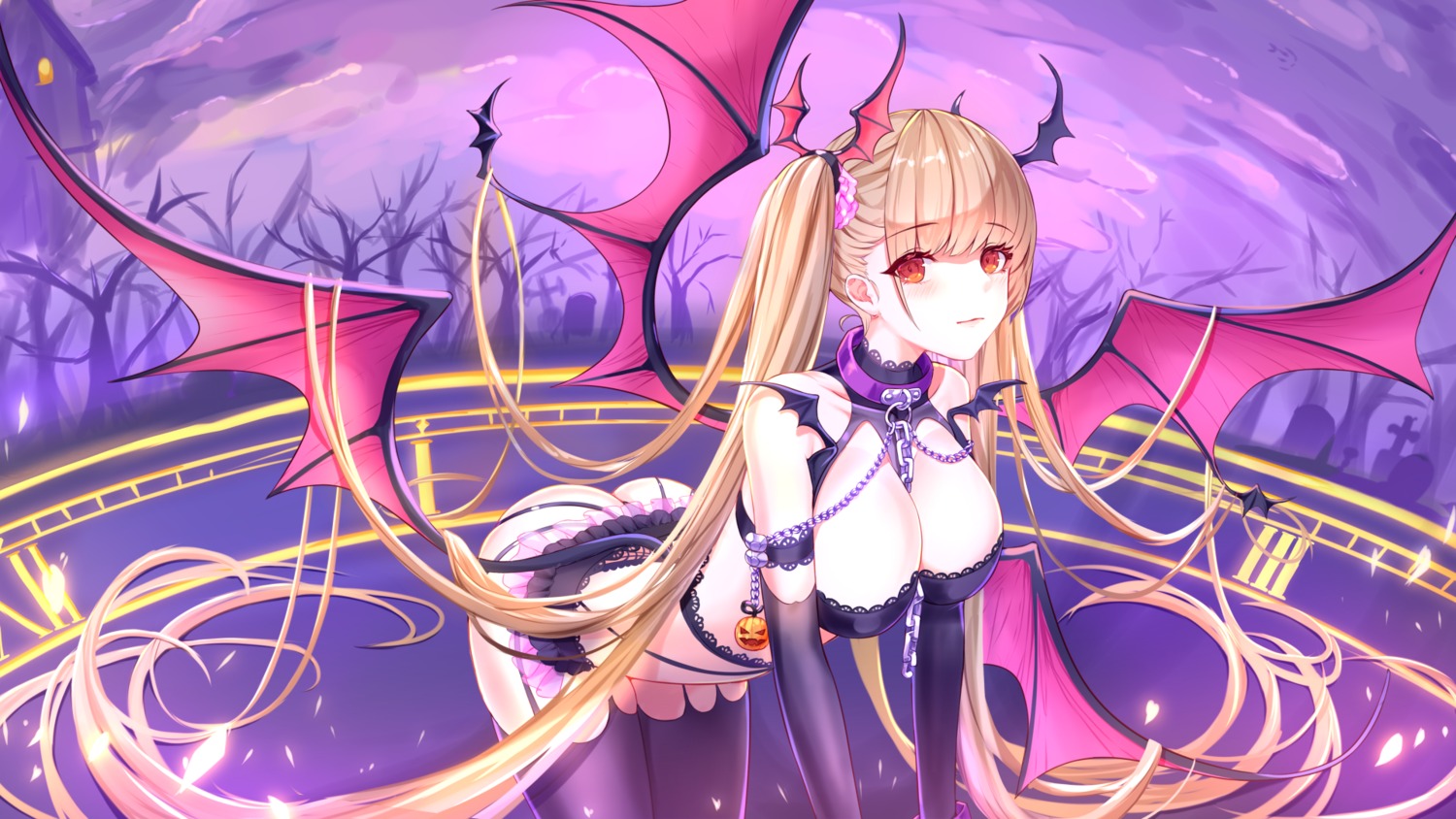 azur_lane, bizure, bra, cleavage, formidable_(azur_lane), garter_belt, halloween, pantsu, stockings, thighhighs, thong, wallpaper, wings