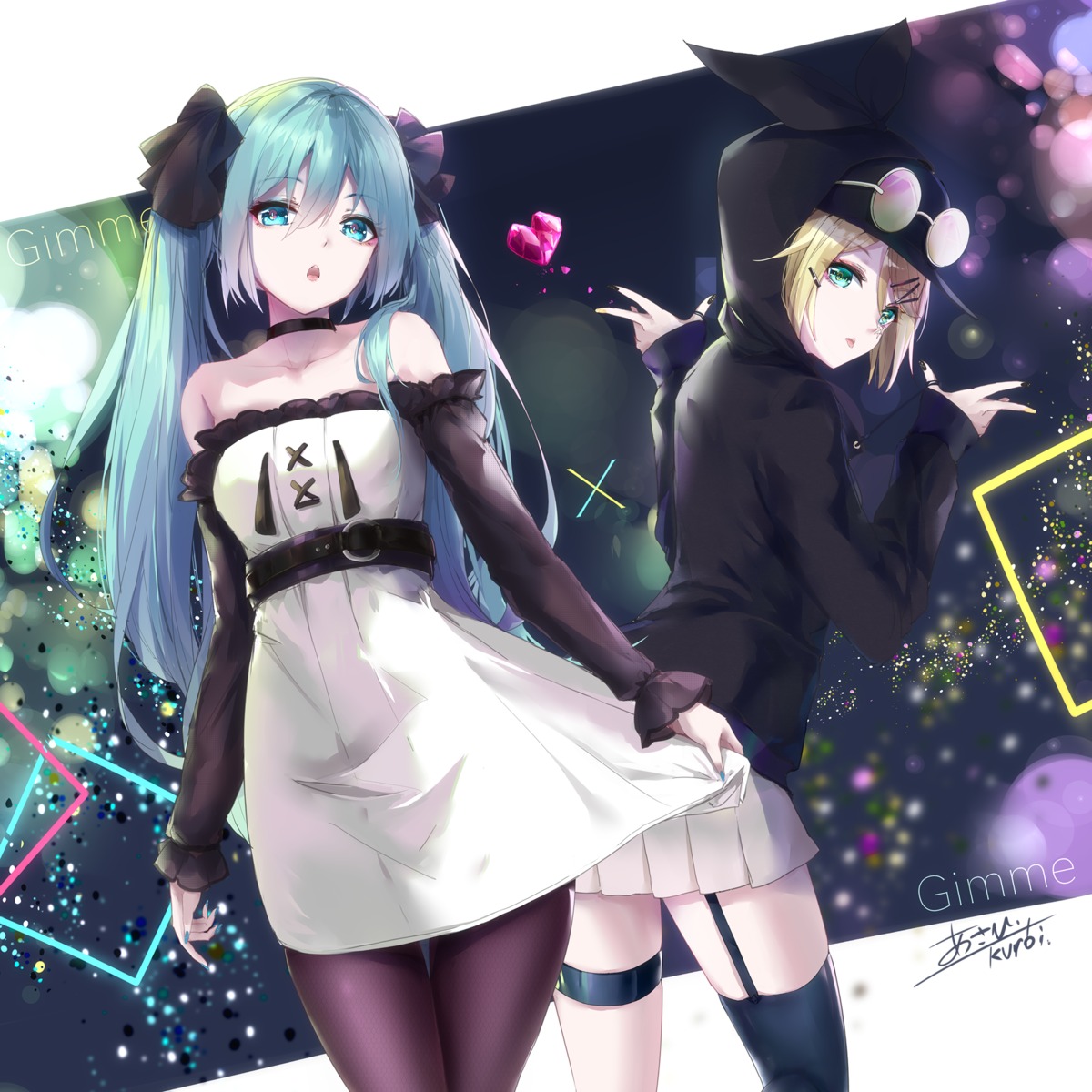 asahi_kuroi, dress, garter, hatsune_miku, kagamine_rin, megane, pantyhose, stockings