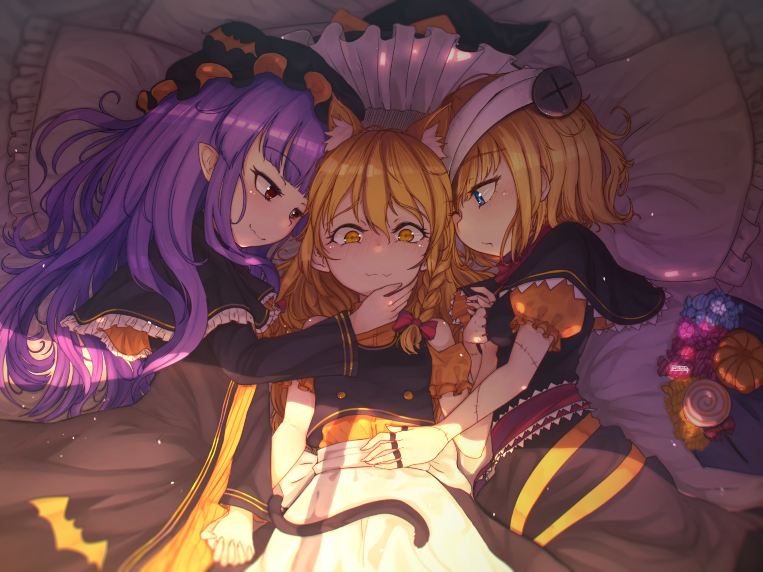 alice_margatroid, bandages, dress, halloween, kirisame_marisa, patchouli_knowledge, pointy_ears, senzaicha_kasukadoki