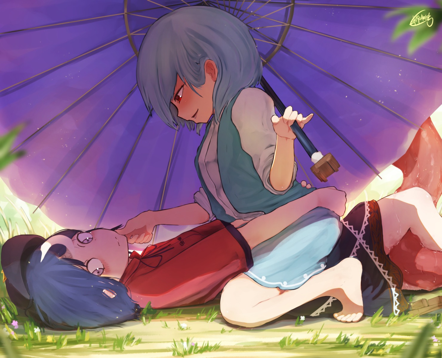 miyako_yoshika, senzaicha_kasukadoki, tatara_kogasa, touhou, umbrella, yuri