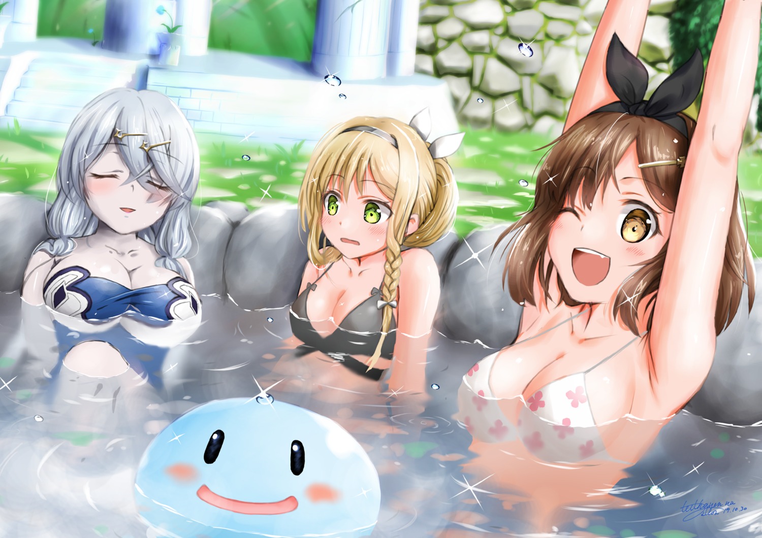 atelier, atelier_ryza, bathing, bikini_top, cleavage, klaudia_valentz, lila_decyrus, onsen, reisalin_stout, swimsuits, wet, yukinoshiro