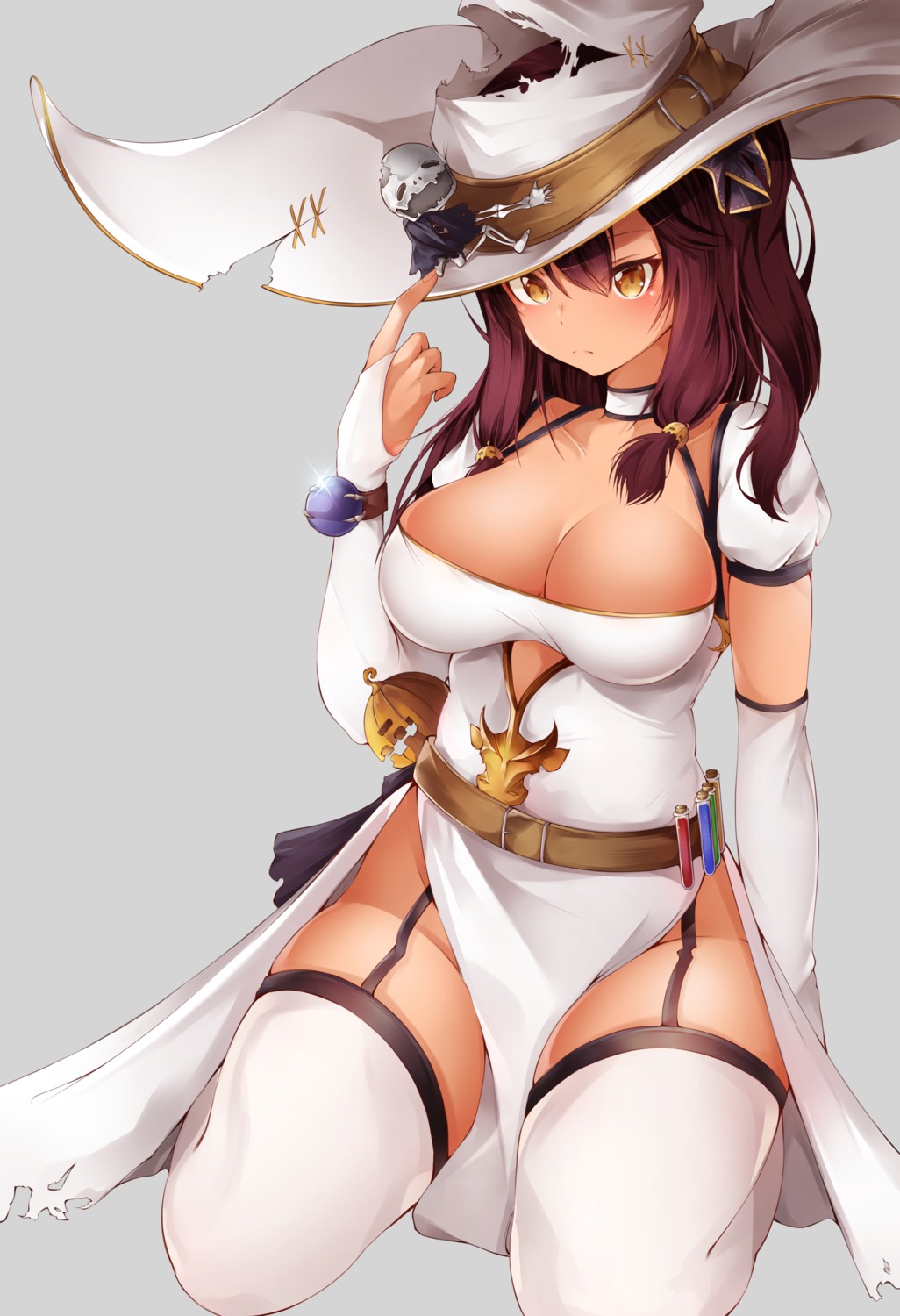 cleavage, dress, girls_frontline, gr_greeze, halloween, saiga-12_(girls_frontline), stockings, thighhighs, torn_clothes, witch