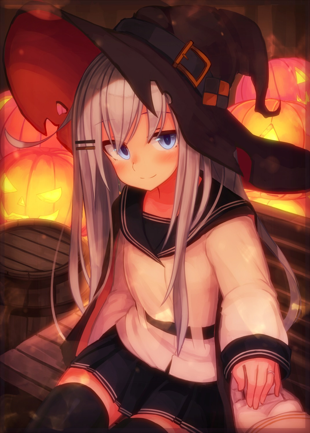 halloween, hibiki_(kancolle), kantai_collection, reitou_mikan, seifuku, thighhighs, witch