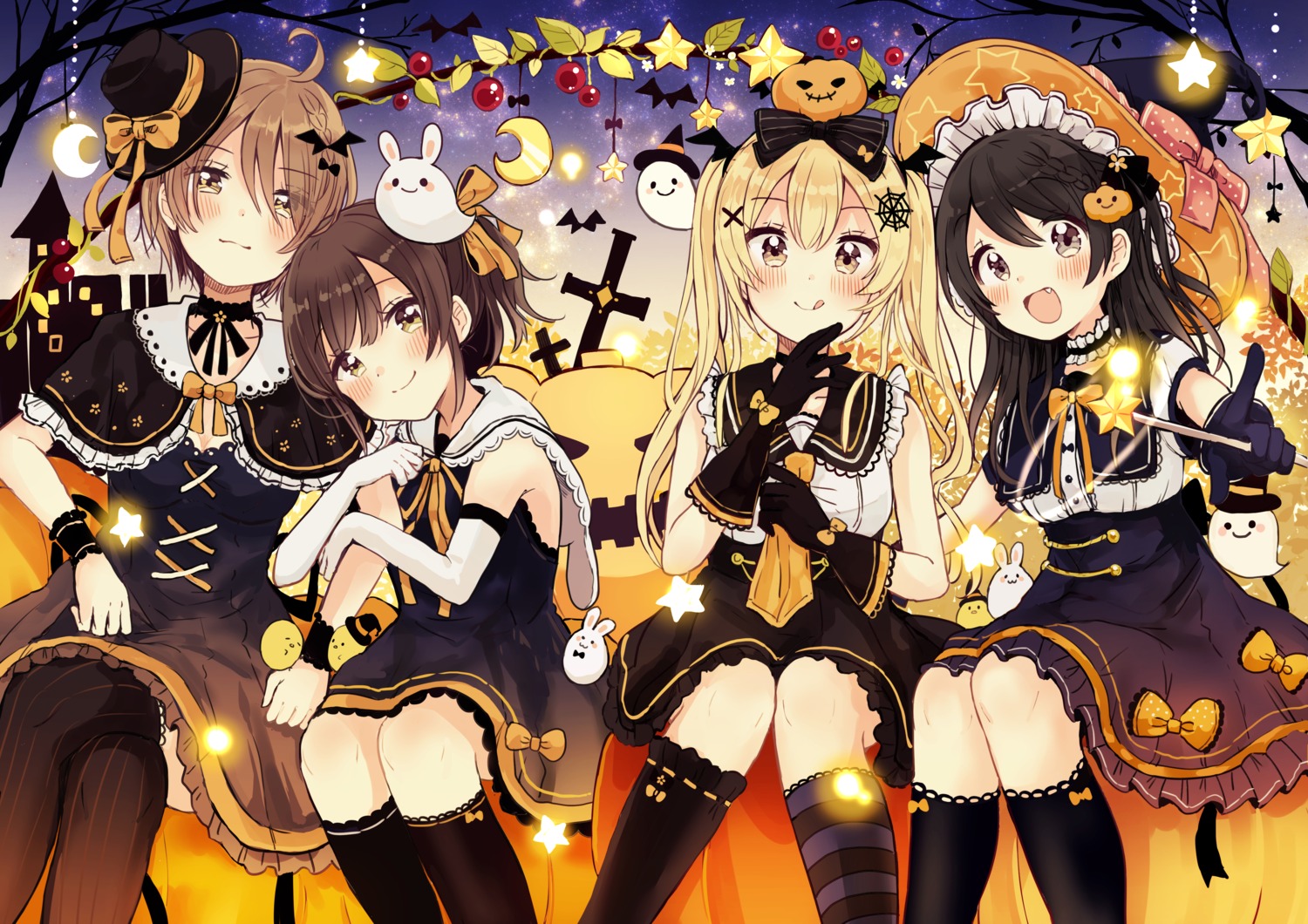cleavage, dress, halloween, higuchi_kaede_(swing!), miyasato_haruka, okamoto_natsuhi, sakura_oriko, swing!!