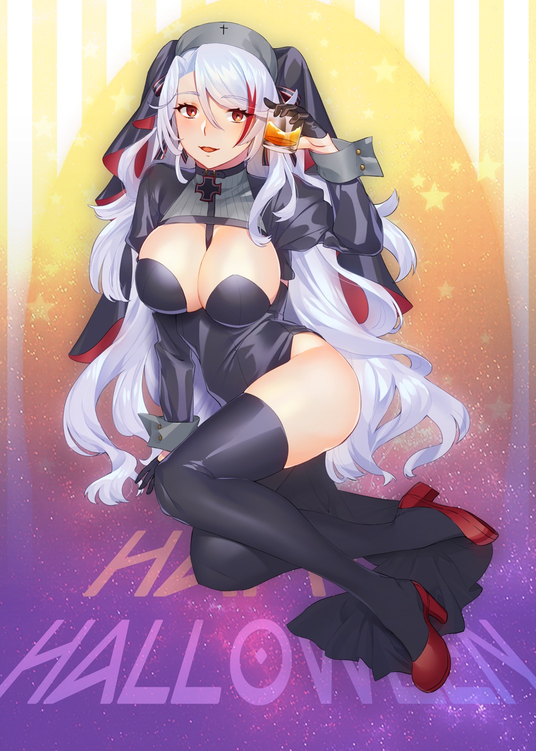 azur_lane, halloween, heels, mimiko_(fuji_310), no_bra, nun, prinz_eugen_(azur_lane), thighhighs