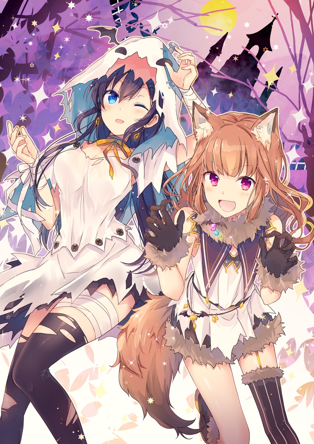 animal_ears, bandages, goma_(11zihisin), halloween, stockings, tail, thighhighs, torn_clothes