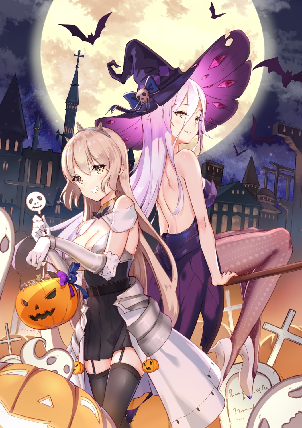 armor, cleavage, dress, halloween, heels, kyaroru, nightmare_(game), no_bra, pantyhose, stockings, thighhighs, witch