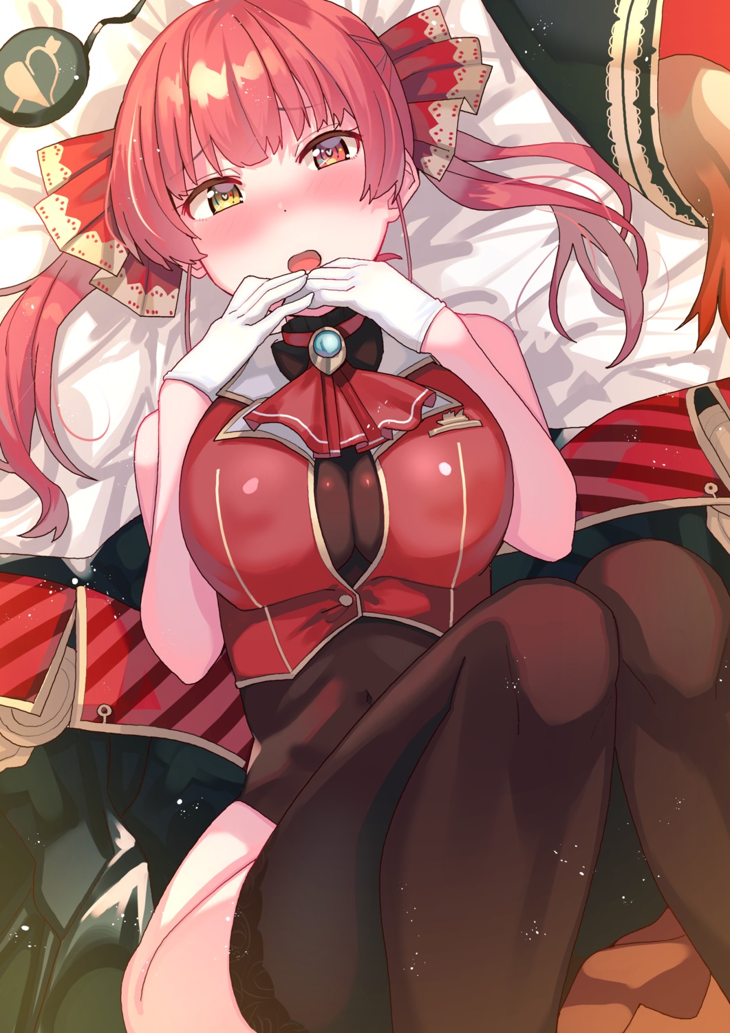 breast_hold, heterochromia, hololive, houshou_marine, leotard, thighhighs, tonari_no_kai_keruberosu