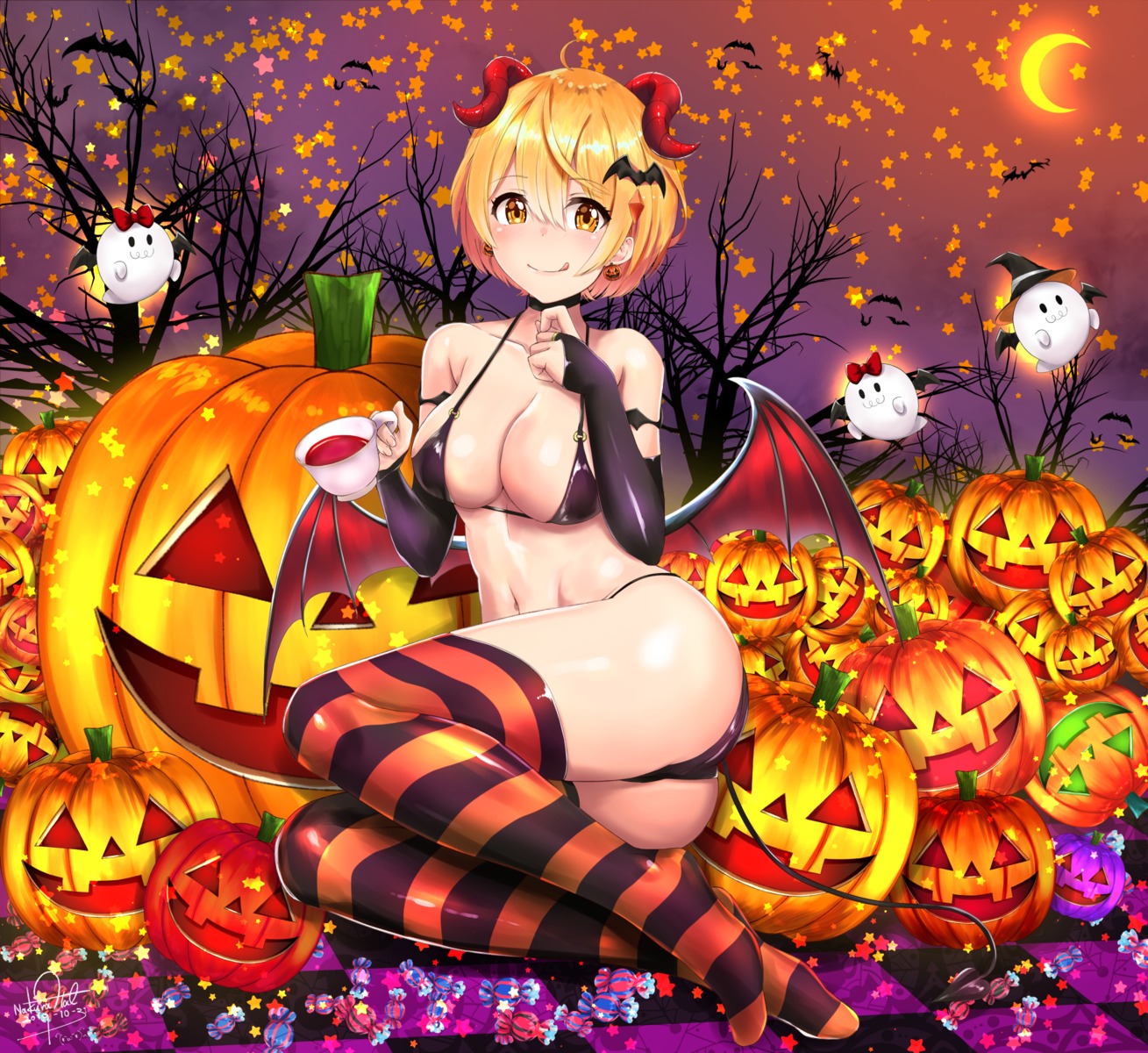 ass, bikini, halloween, hololive, horns, nakura_haru, swimsuits, tail, thighhighs, wings, yozora_mel