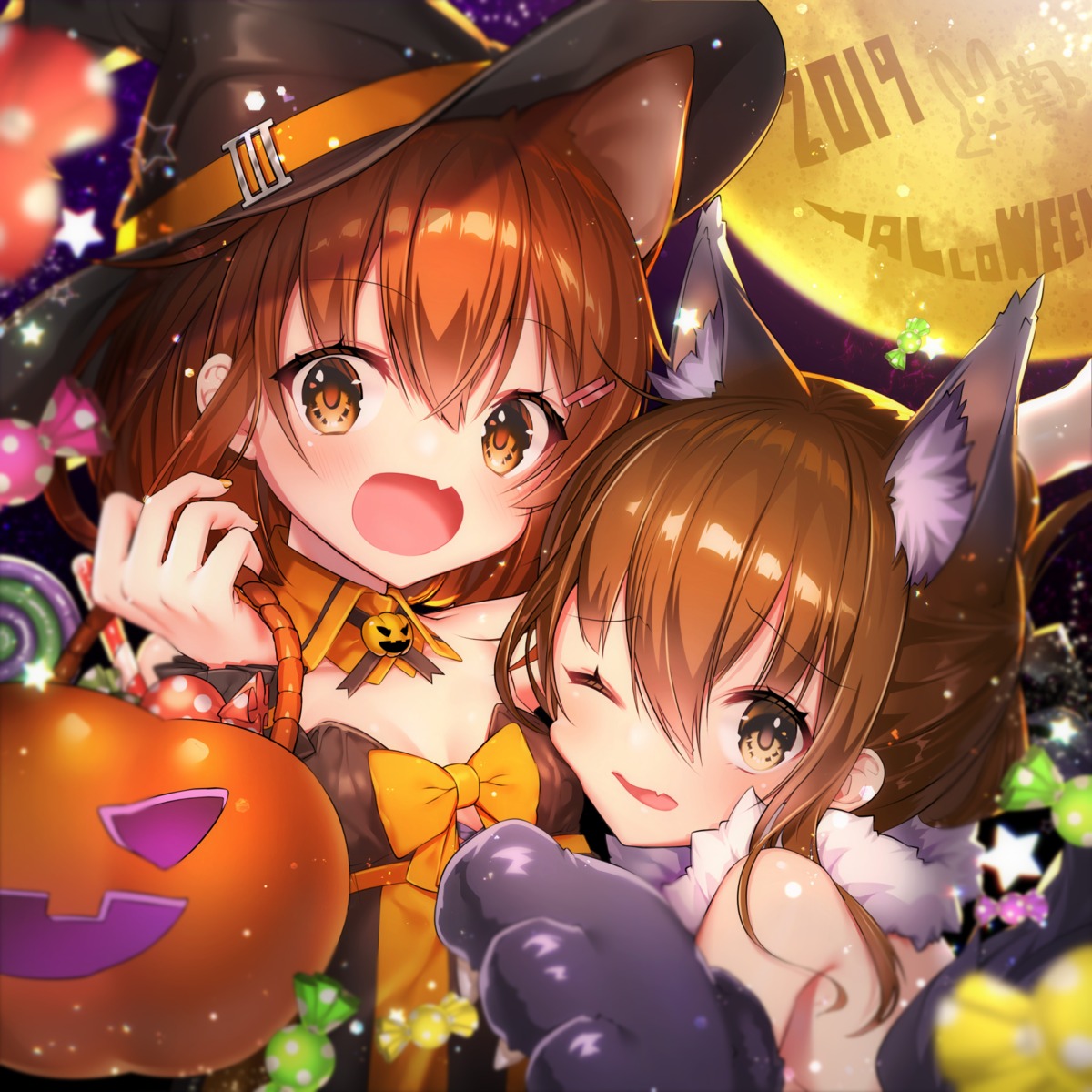 animal_ears, cleavage, haiba, halloween, ikazuchi_(kancolle), inazuma_(kancolle), kantai_collection, nekomimi