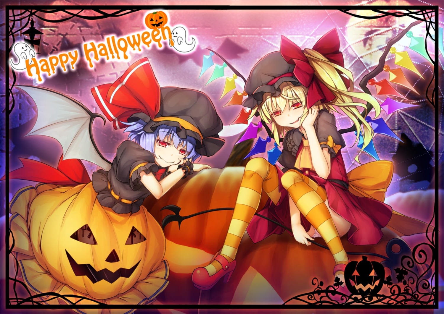 chima_q, flandre_scarlet, halloween, heels, pantsu, remilia_scarlet, skirt_lift, tail