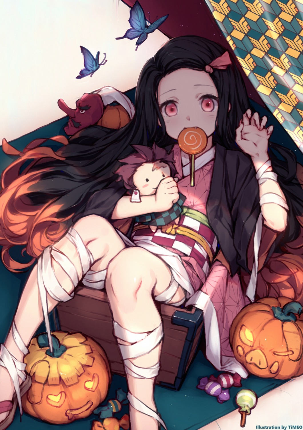bandages, halloween, kamado_nezuko, kimetsu_no_yaiba, kimono, skirt_lift, timeo