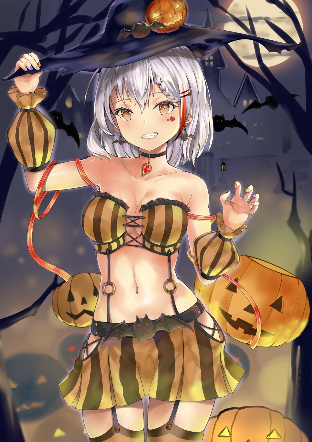 bra, cleavage, halloween, kasoke_no_tsubasa, stockings, thighhighs, witch