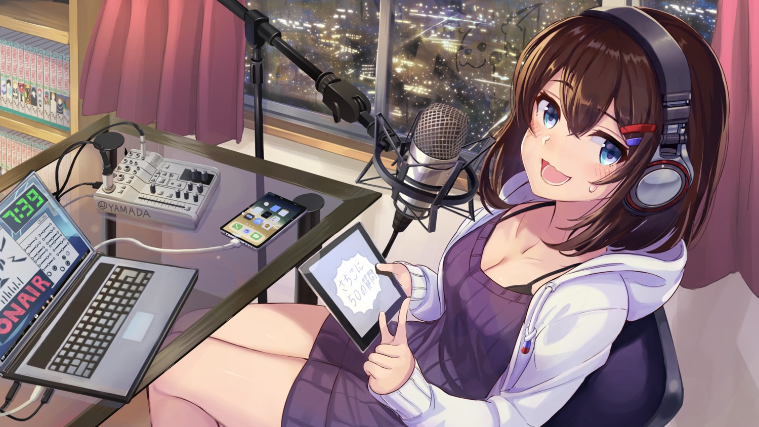 bra, cleavage, dress, headphones, kty_(jarijarikun), sweater