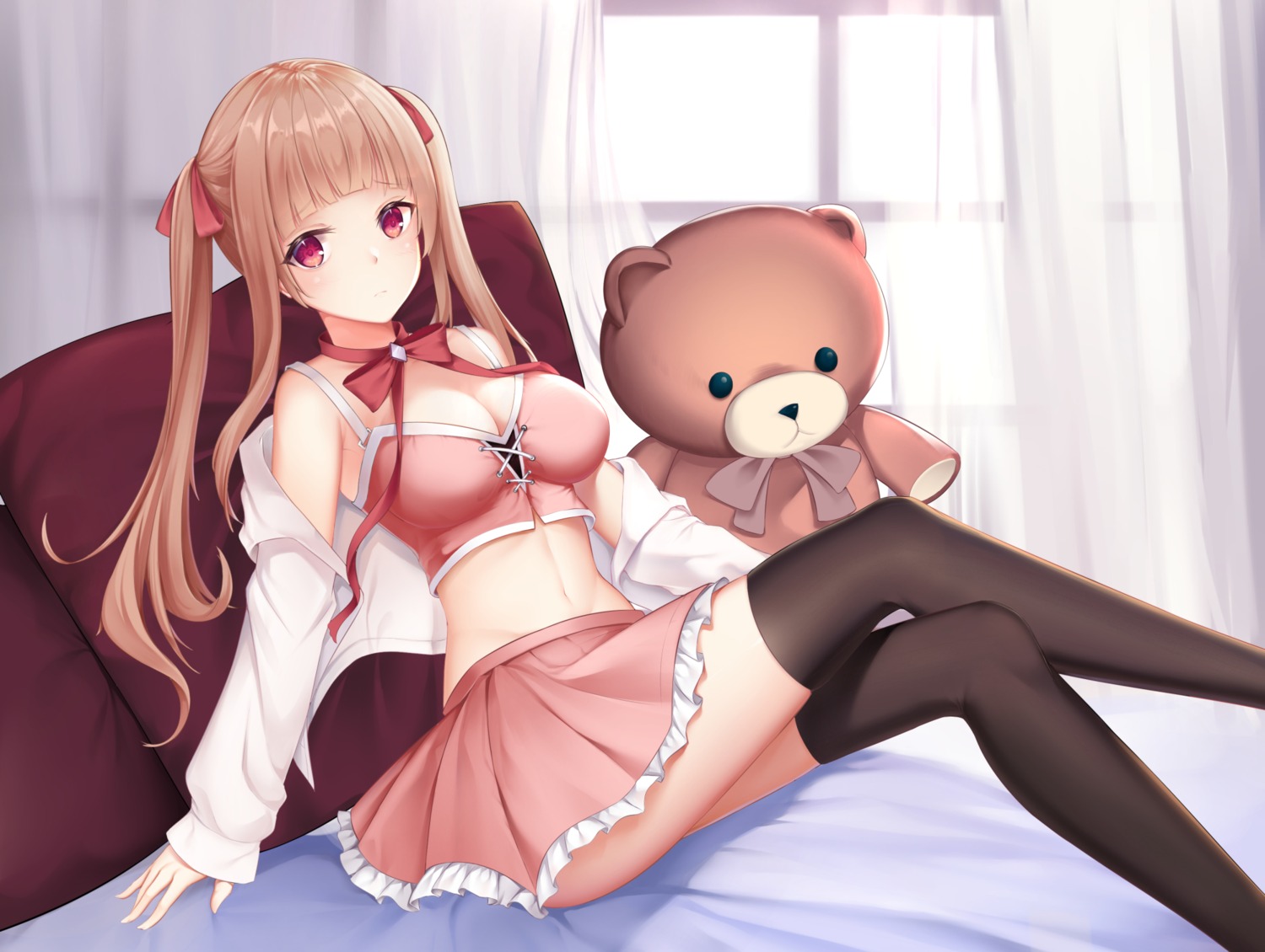 cleavage, karin_(fineyanny), open_shirt, skirt_lift, thighhighs