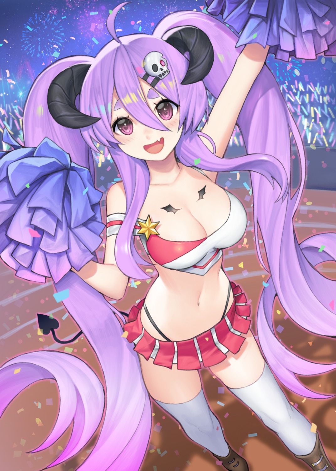channah0223, cheerleader, cleavage, horns, pantsu, tail, thighhighs