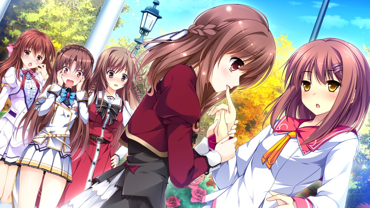 asakura_chihiro, crossover, ensemble_(company), game_cg, hana_to_otome_ni_shukufuku_wo, kimishima_ao, mahara_aoi, miyama_mizuki, mutou_kurihito, nakatama_kyou, otome_ga_irodoru_koi_no_essence, otome_ga_kanaderu_koi_no_aria, otome_ga_tsumugu_koi_no_canvas, sakura_mau_otome_no_rondo, seifuku, shouna_mitsuishi, trap, tsukahara_izumi, tsukioka_akira