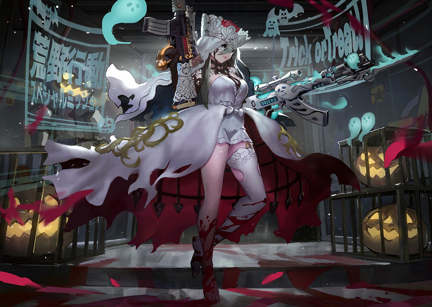 blood, danann, dress, gun, halloween, playerunknown's_battlegrounds, stockings, thighhighs