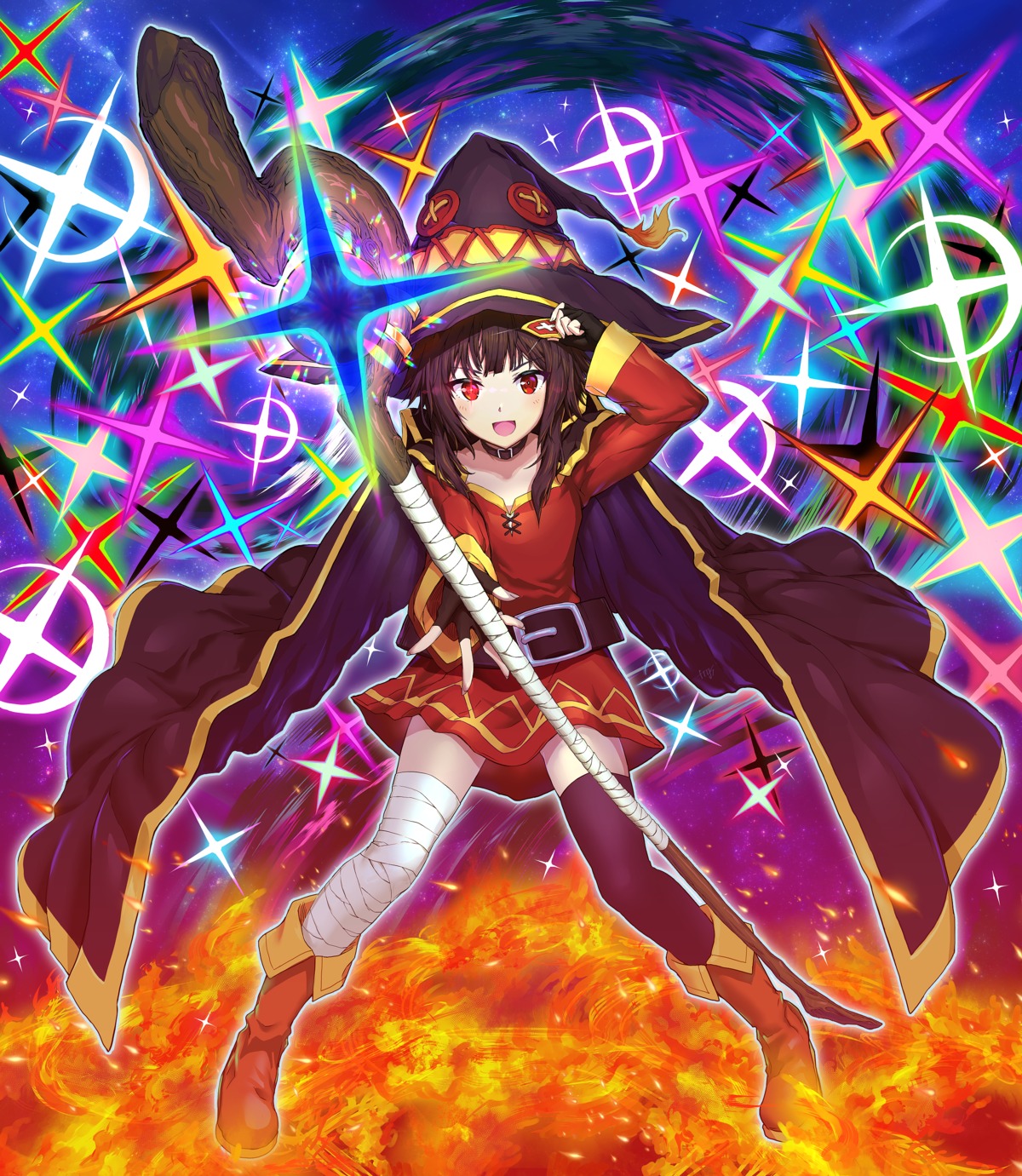 bandages, dress, frgs, kono_subarashii_sekai_ni_shukufuku_wo!, megumin, thighhighs, weapon, witch