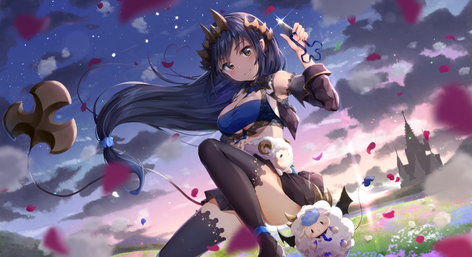 cleavage, honey_strap, kuria_(clear_trip_second), nanashi_inc., shimamura_charlotte, skirt_lift, tail, thighhighs, weapon