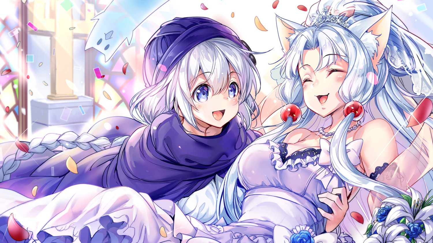 ajishio, animal_ears, cleavage, dress, kizuna_akari, touhoku_itako, voiceroid, wedding_dress