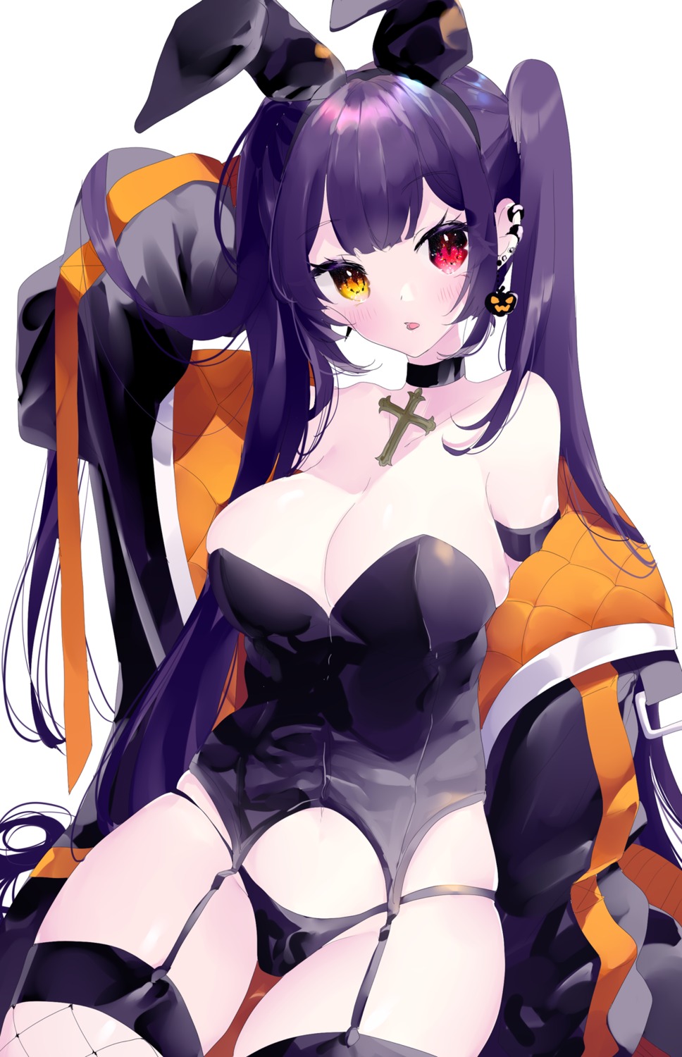 animal_ears, bunny_ears, cleavage, fishnets, halloween, heterochromia, pantsu, remimim