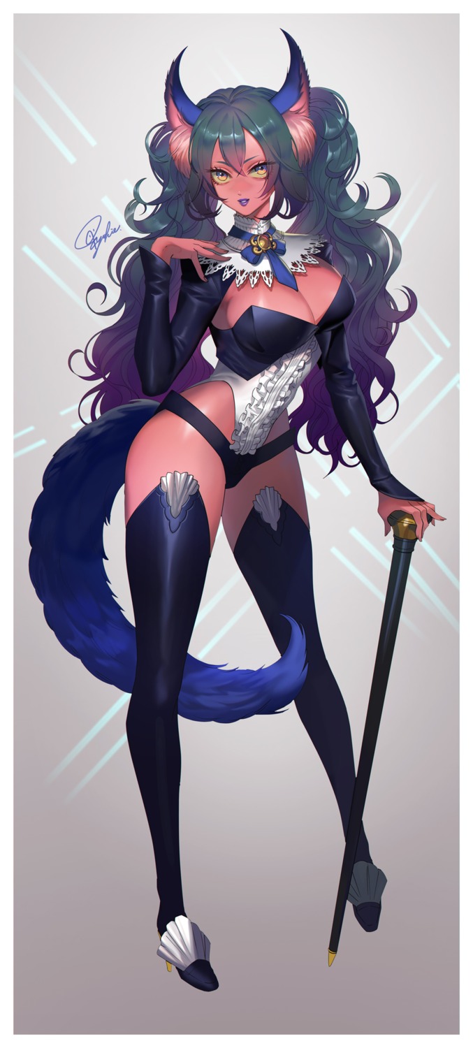 animal_ears, cleavage, heels, pantsu, tail, tajima_yukie, thighhighs