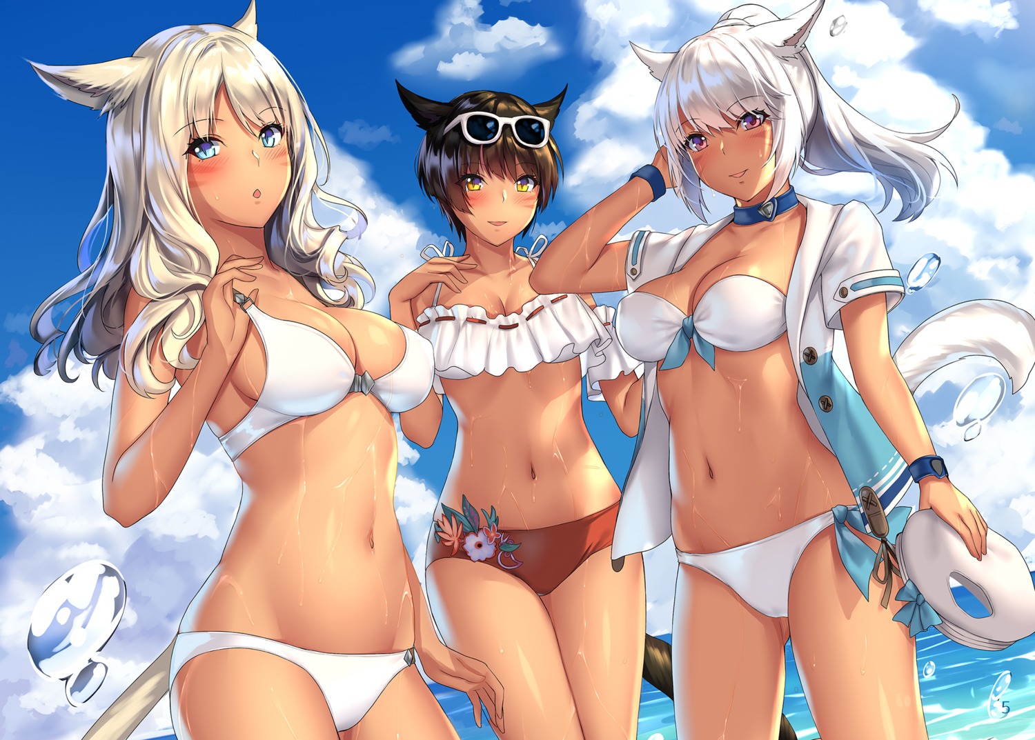 animal_ears, aruma_jiki, bikini, final_fantasy, final_fantasy_xiv, miqo'te, swimsuits, tail