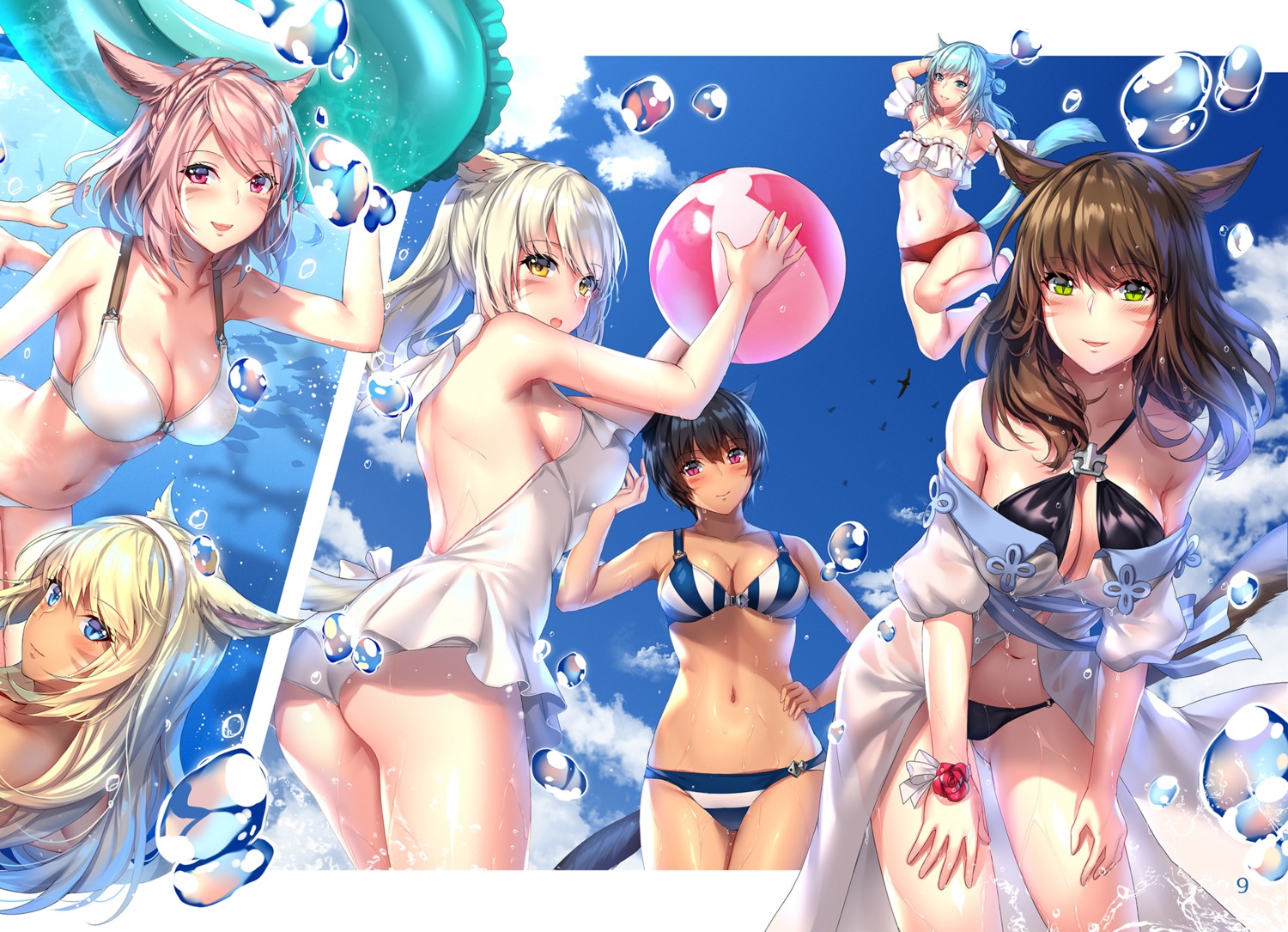 animal_ears, aruma_jiki, bikini, final_fantasy, final_fantasy_xiv, miqo'te, swimsuits, tail