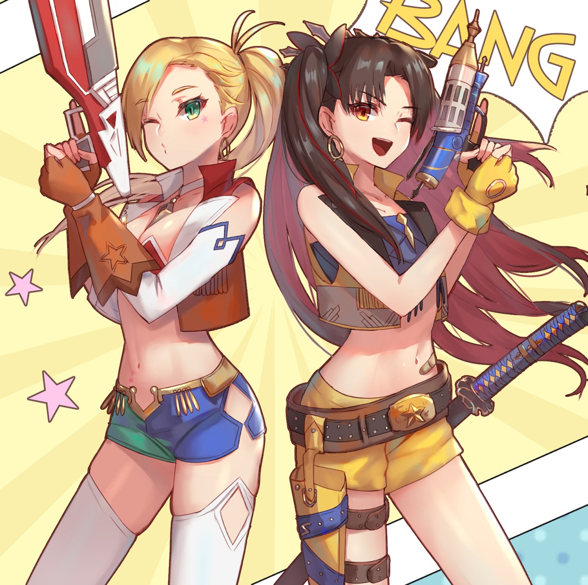 bra, dolce_(dolsuke), fate/grand_order, garter, gun, ishtar_(fate), martha_jane_canary_(fate), open_shirt, space_ishtar_(fate), sword, thighhighs