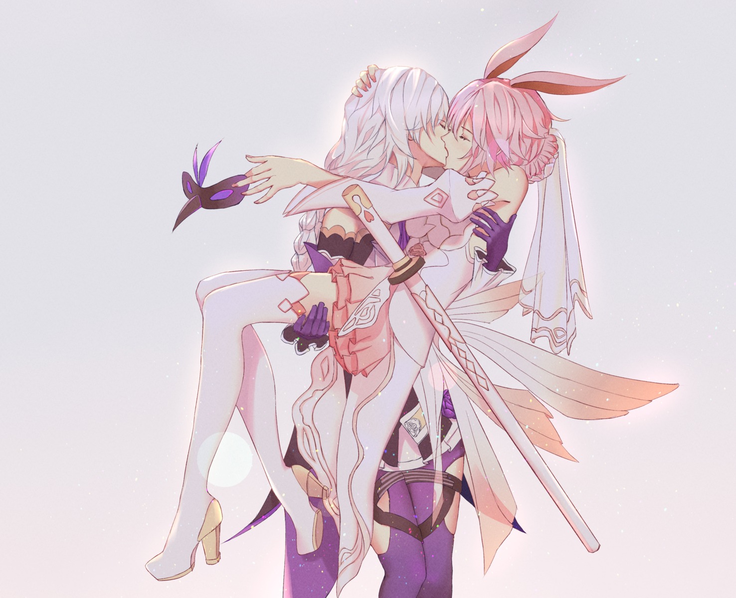 animal_ears, benghuai_xueyuan, bunny_ears, heels, honkai_impact, jiaming_liu, kallen_kaslana, pantyhose, sword, thighhighs, yae_sakura_(benghuai_xueyuan), yuri