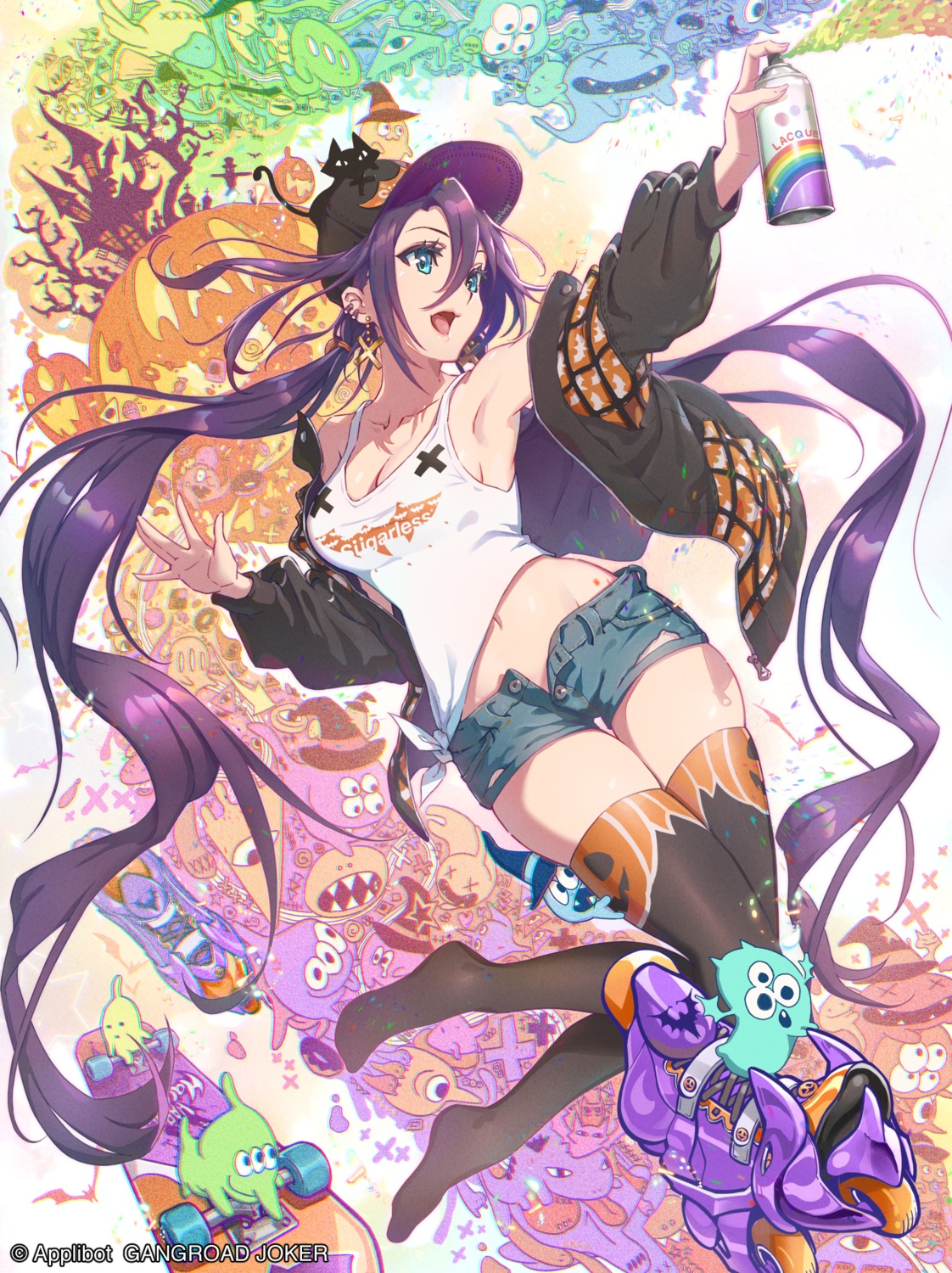 cleavage, eito_nishikawa, gang_road_joker, halloween, neko, no_bra, thighhighs, torn_clothes