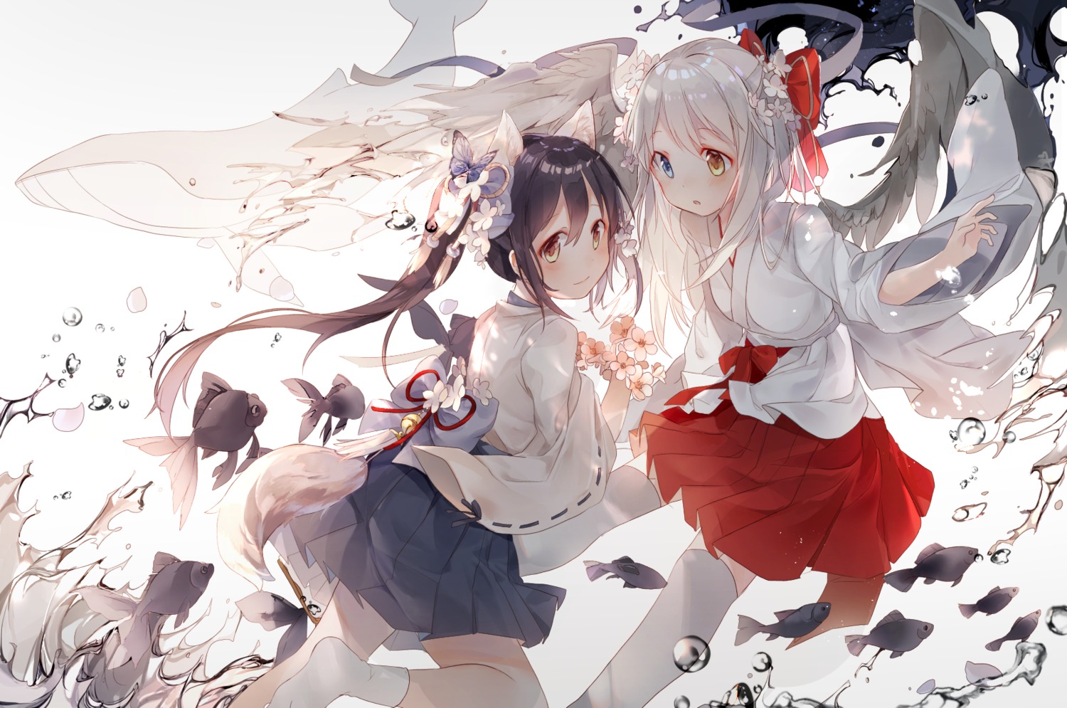 amafuyu, animal_ears, heterochromia, miko, tail, thighhighs, wings