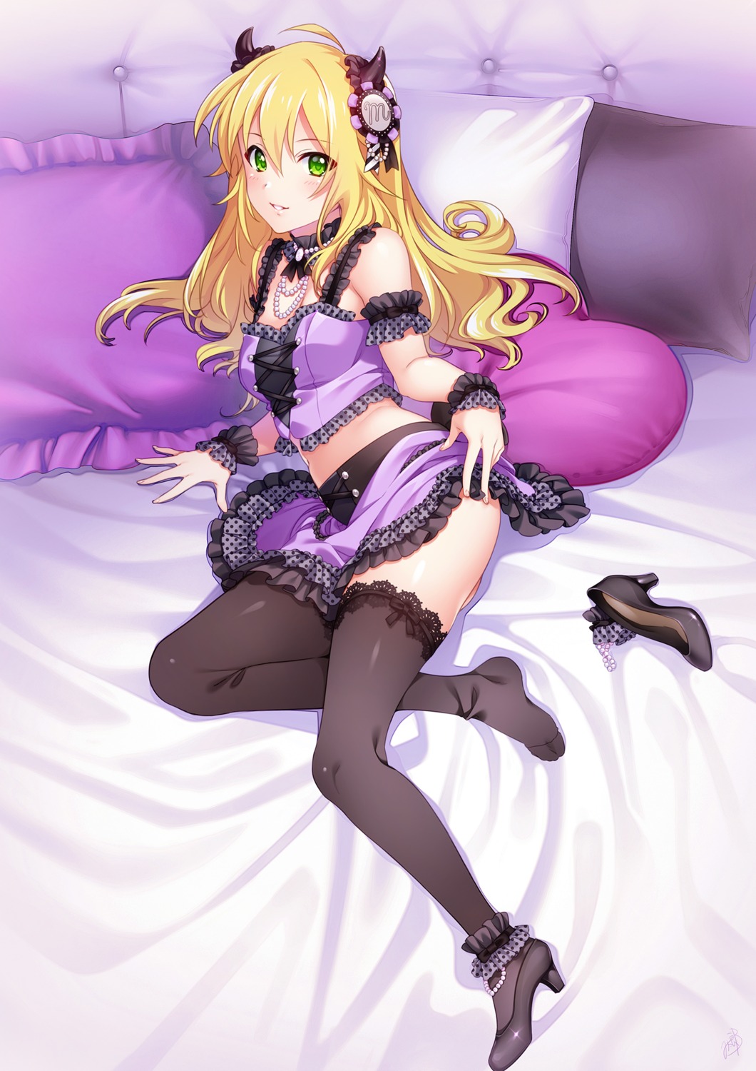 heels, horns, hoshii_miki, mikapoe, skirt_lift, the_idolm@ster, the_idolm@ster_million_live!, thighhighs
