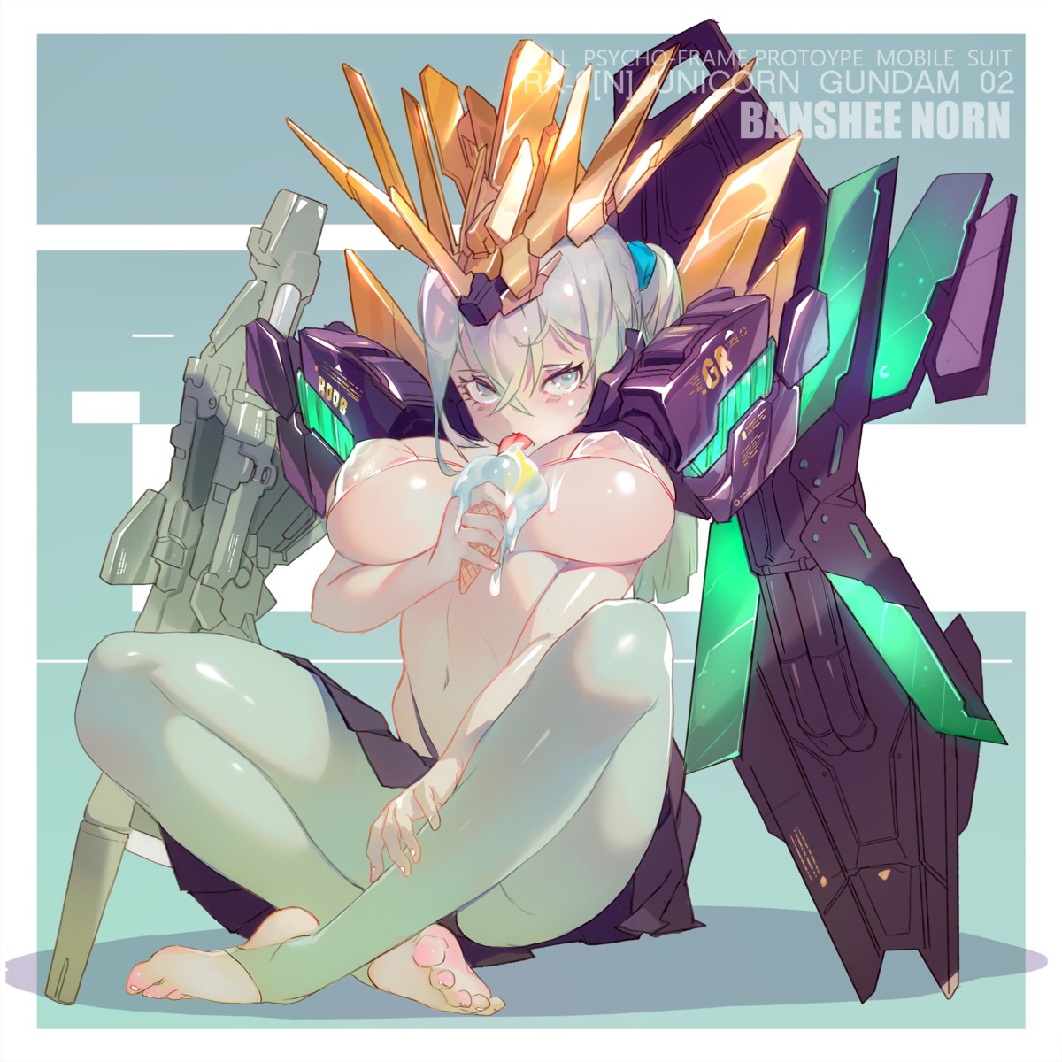 anthropomorphization, banshee, bikini, breast_hold, erect_nipples, grandia_lee, gundam, gundam_unicorn, mecha_musume, pantyhose, skirt_lift, swimsuits