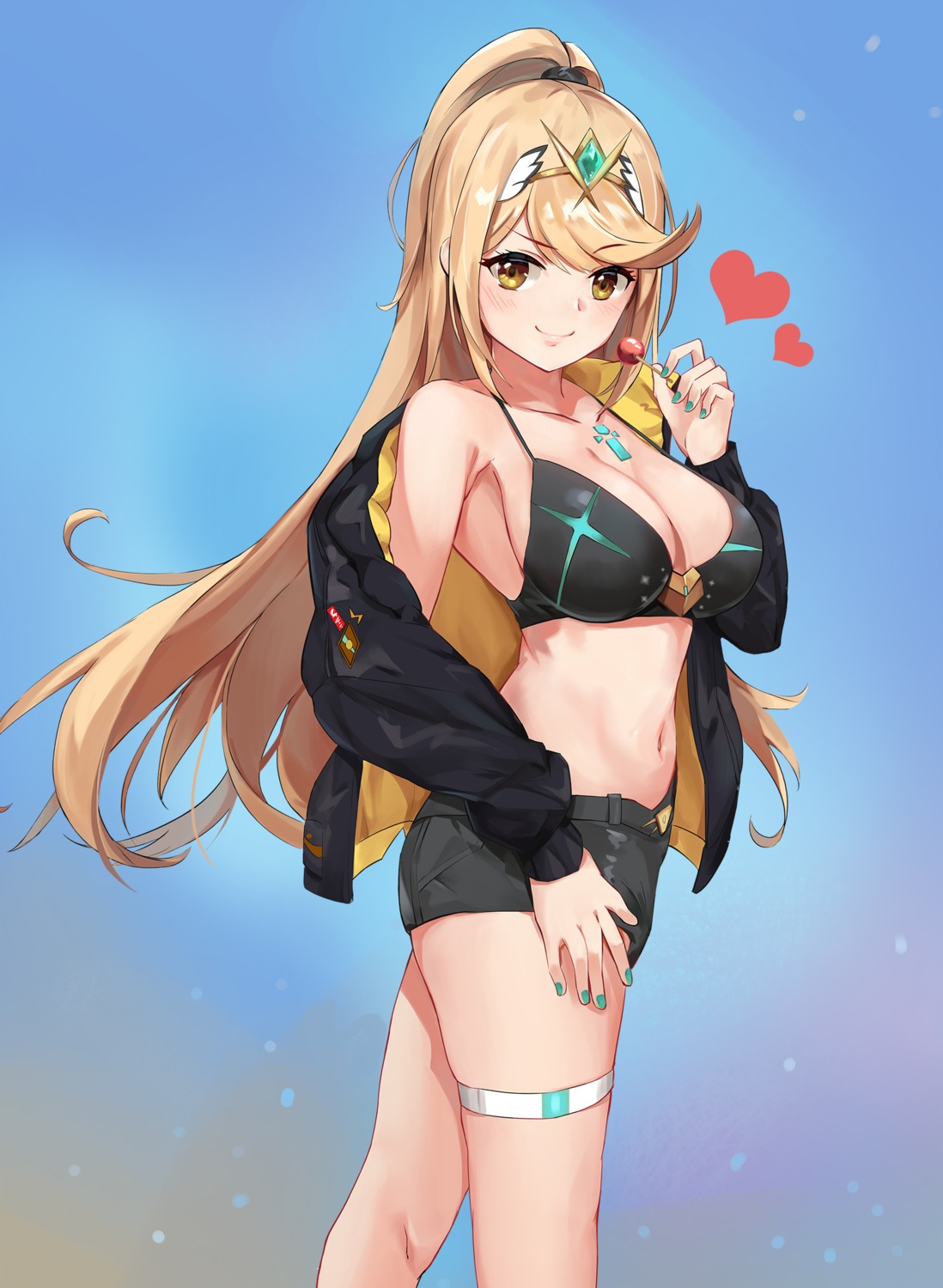 bra, cleavage, garter, hikari_(xenoblade_2), kiiro_kimi, open_shirt, xenoblade_(series), xenoblade_2