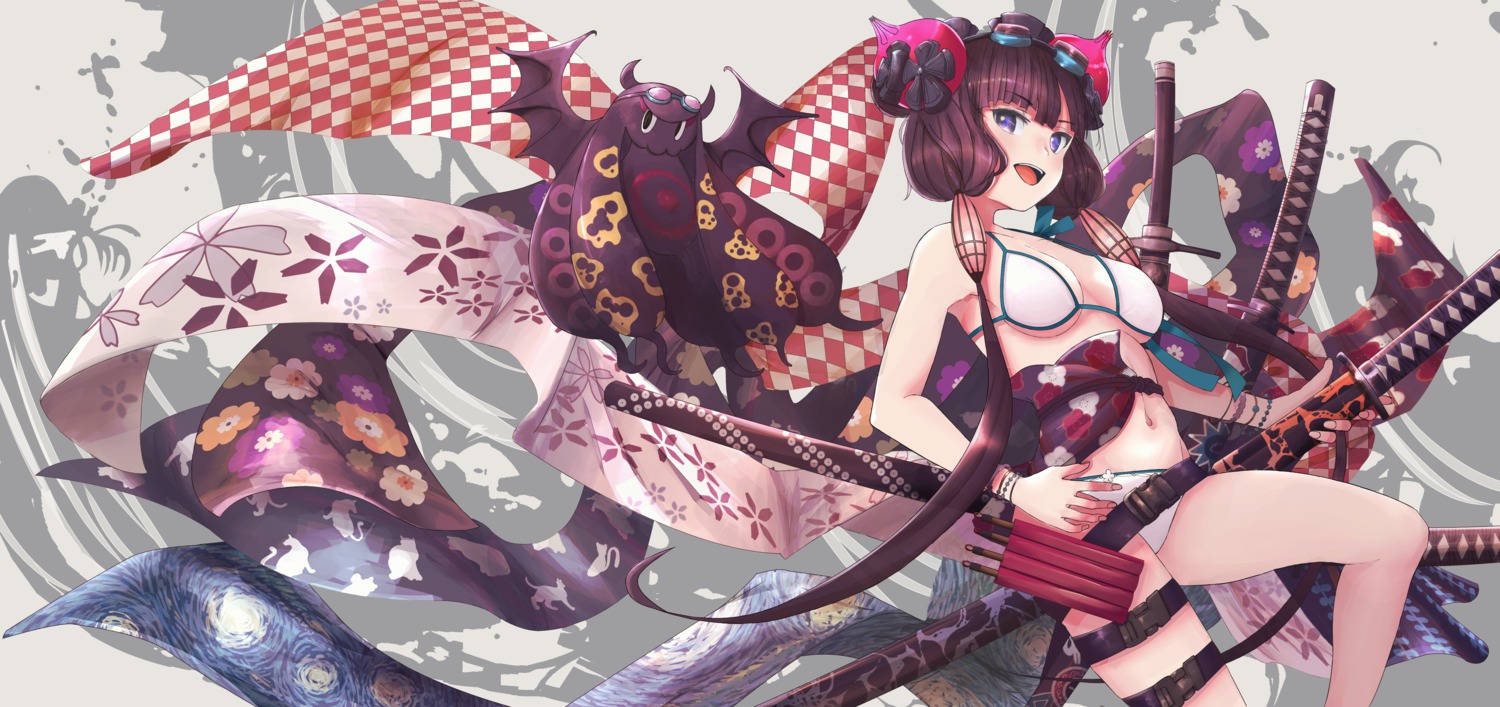 bikini, cleavage, fate/grand_order, garter, humidasi79, katsushika_hokusai_(fate), swimsuits, sword, underboob