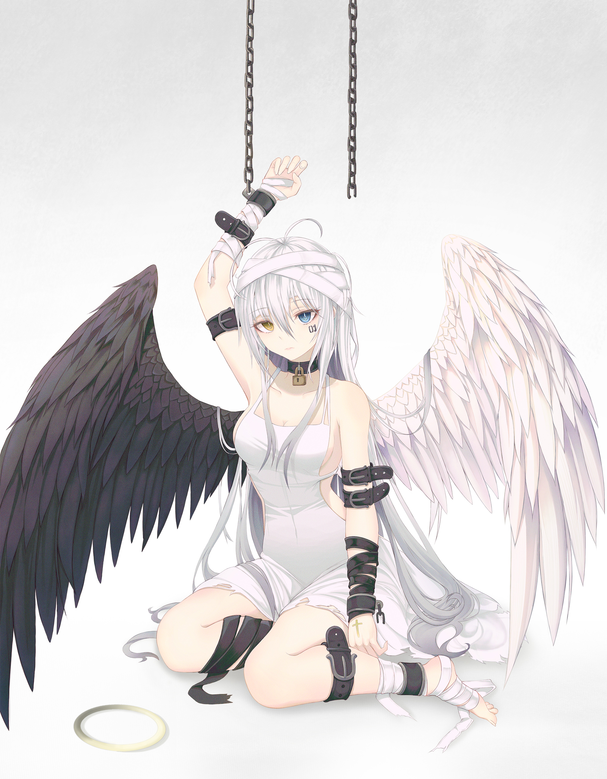 bandages, bondage, dress, fakegeo, garter, heterochromia, no_bra, torn_clothes