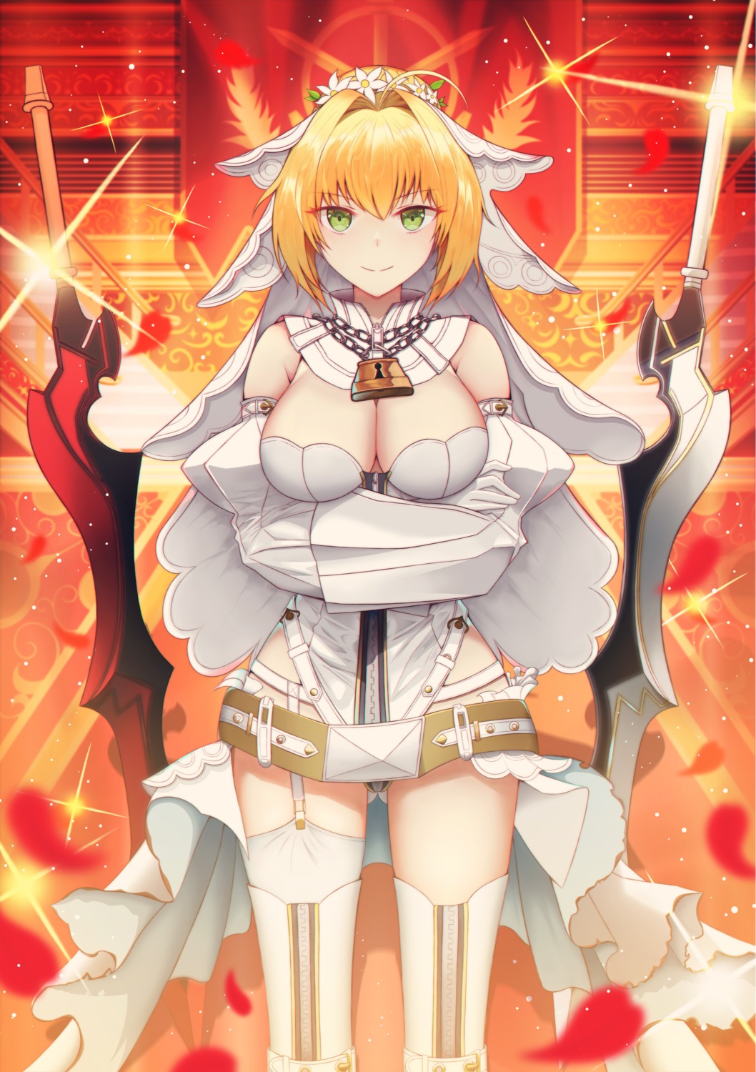breast_hold, cleavage, fakegeo, fate/grand_order, leotard, nero_claudius_(fate), stockings, sword