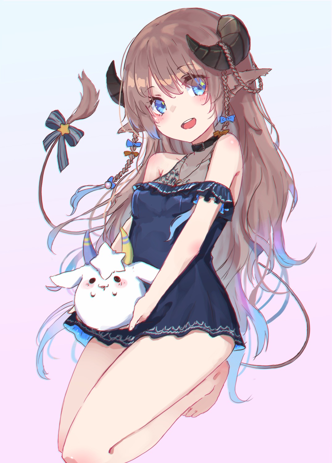 animal_ears, dress, horns, nanase_subaru_(channel), nanase_subaru_(virtual_youtuber), oota_youjo, see_through, tail