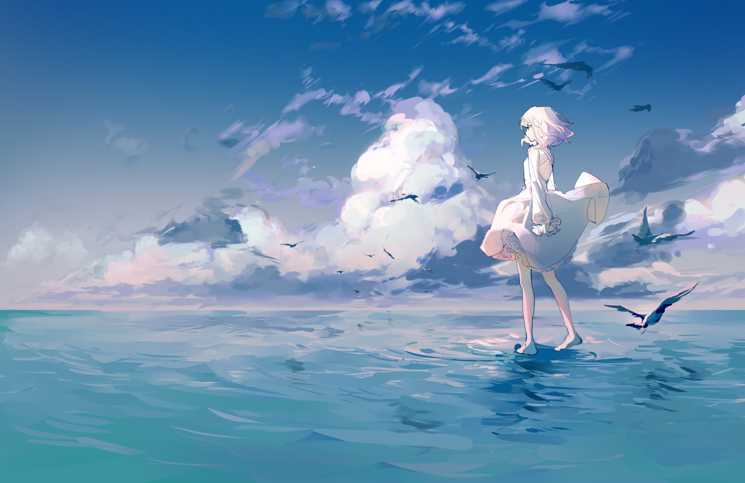 dress, landscape, lobelia_(saclia), sketch, skirt_lift, summer_dress, wet
