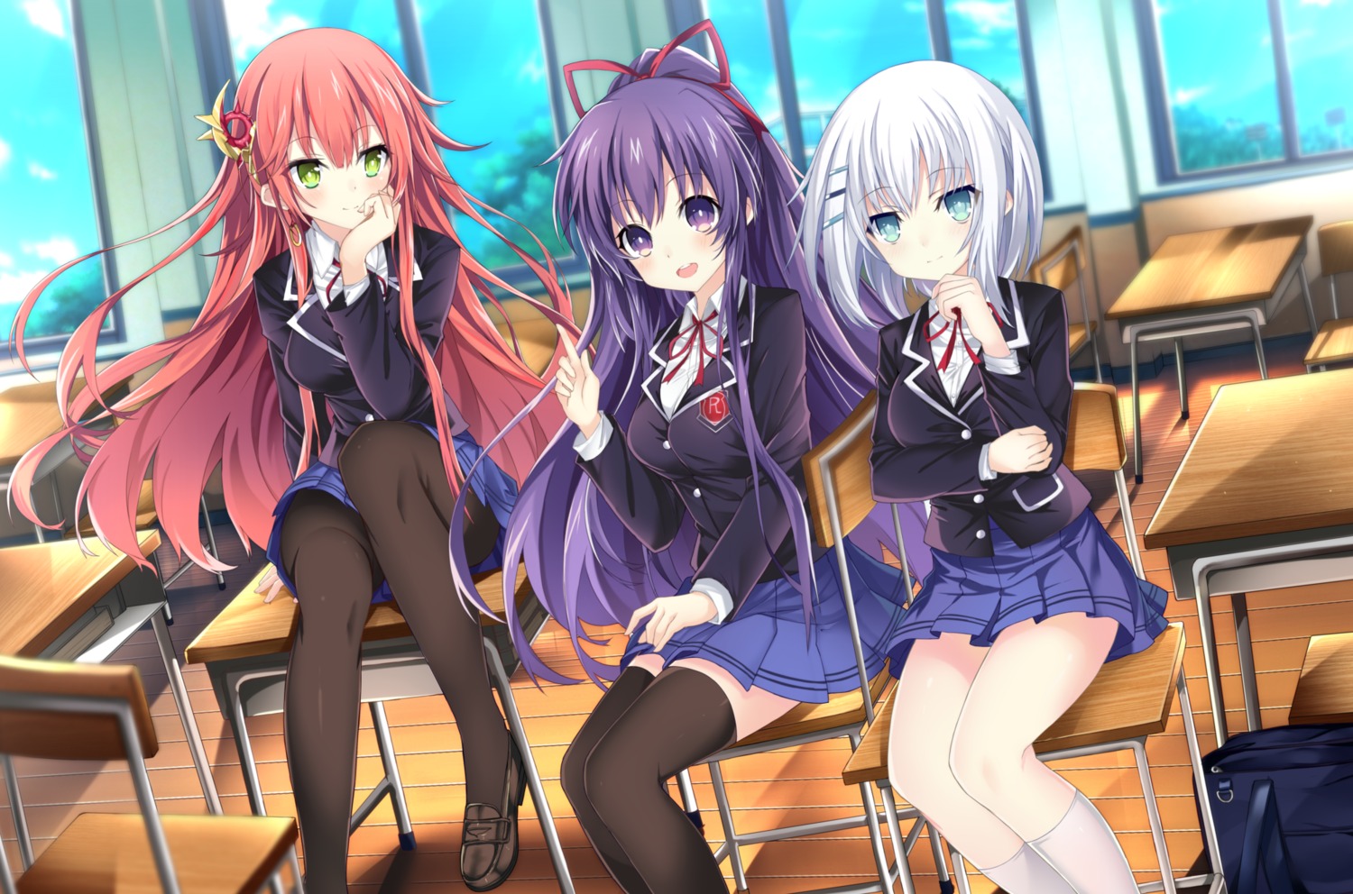 breast_hold, date_a_live, jianren, pantyhose, seifuku, thighhighs, tobiichi_origami, yatogami_tooka