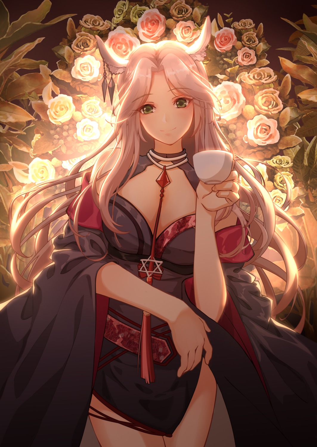 animal_ears, arknights, cleavage, gitano_(arknights), japanese_clothes, luozi_roko