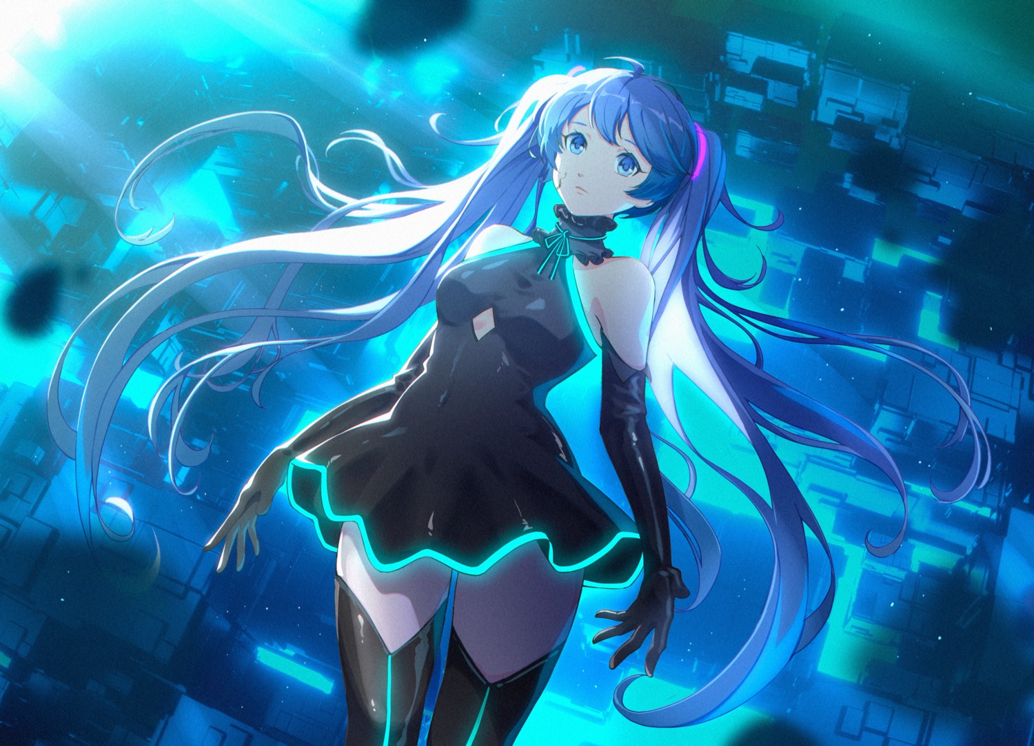dress, ghost_rule_(vocaloid), hatsune_miku, luozi_roko, thighhighs, vocaloid