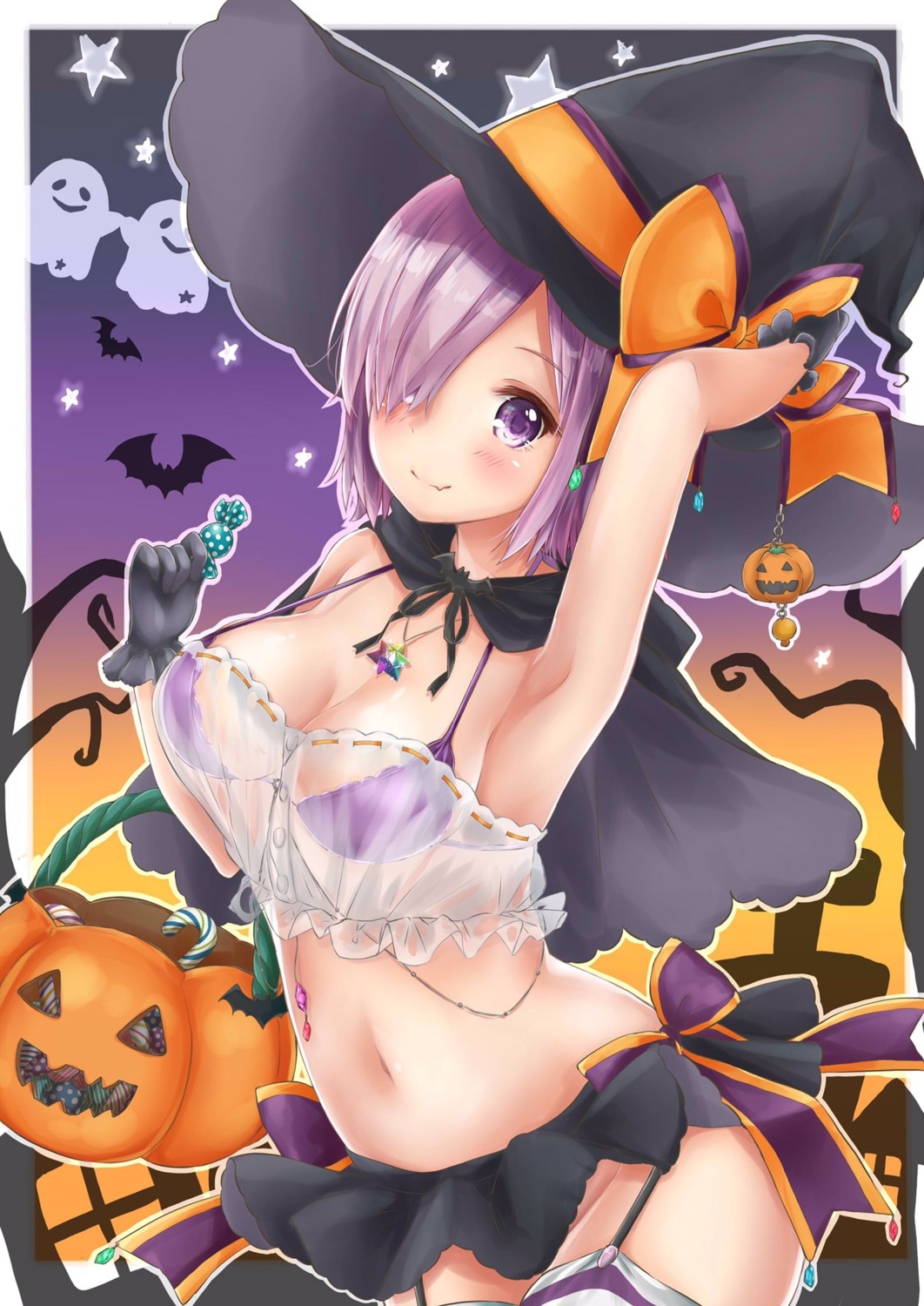 bikini_top, fate/grand_order, halloween, mash_kyrielight, mikujin_(mikuzin24), see_through, stockings, swimsuits